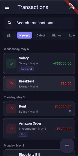 Transaction listing screen with filters for date, type and tags