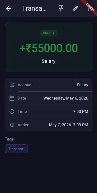 Transaction details screen showing amount, account and tag breakdown