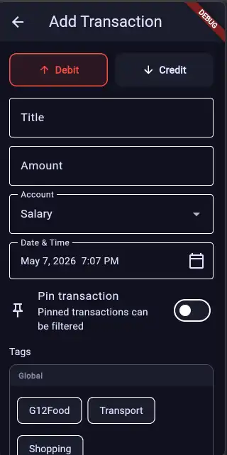 Add transaction screen with amount, account and tag selection